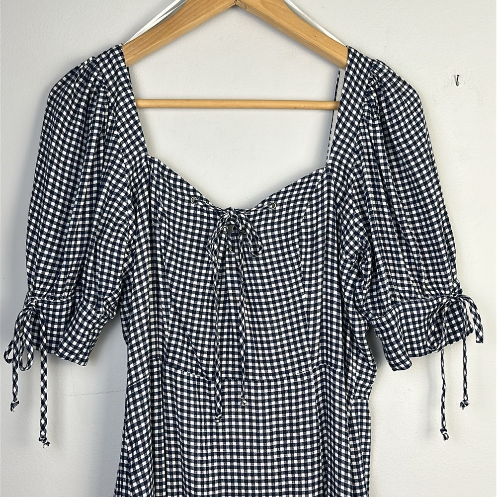 NEW Dress Forum Puff Sleeve Blue Gingham Mini Ruffle Hem Dress Lg Viscose Lined - Picture 4 of 16